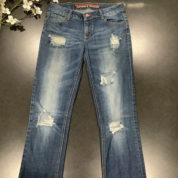 Standards & Practices Ripped Straight Leg Jeans Medium Wash Distressed Crinkle - Picture 2 of 16
